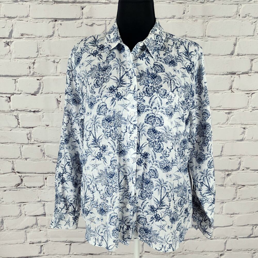 Garnet Hill Shirt 100% Linen long-sleeve button-up Womens 12  Tropical Sea Shell